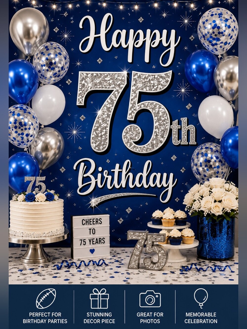 Happy 75th Birthday Backdrop Banner Blue Silver Photo Booth Decoration